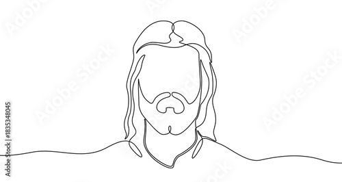 Drawing of the face of Jesus Christ or a bearded man in one line art style. Religious illustration with editable stroke. Vector illustration.