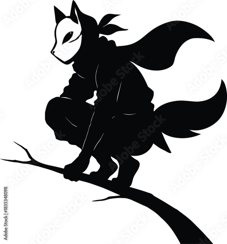 A stylized black and white illustration of a fox like figure in a crouched pose