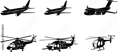 Aircraft silhouettes, airplane icons, helicopter shapes, aviation symbols, transport vector, military aircraft, commercial jets, rotorcraft, black graphic, isolated design