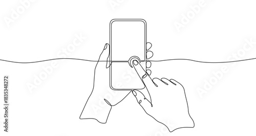 Drawing of two hands holding a smartphone and touching the screen in one line art style. Interface illustration with editable stroke. Vector illustration.