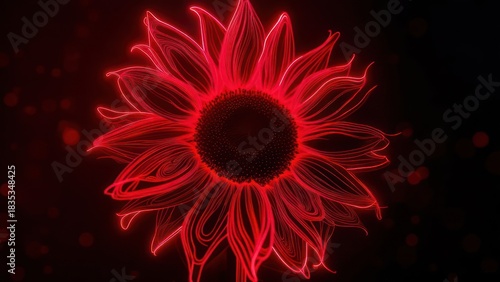 Vibrant red digital sunflower on a dark background