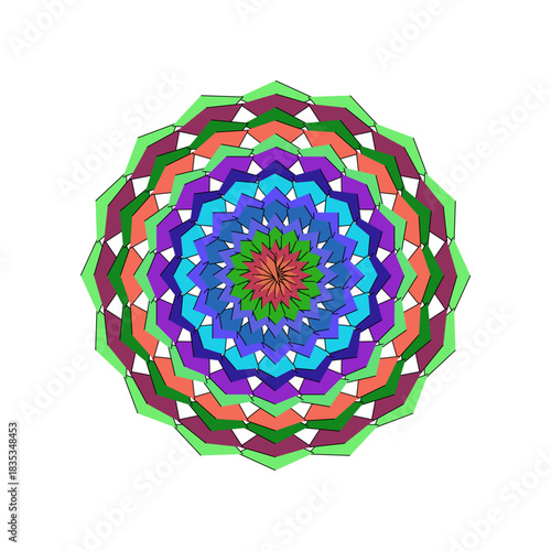 Vibrant Geometric Mandala Design with Symmetrical Patterns and Colorful Radiating Layers for Creative Projects