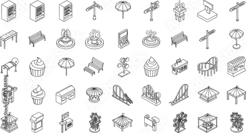 amusement park icons, public park elements, isometric vector set, blue outline style, roller coaster, ferris wheel, ticket booth, fountain