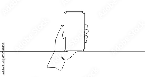 Drawing of a hand holding a smartphone vertically in one line art style. Mobile device illustration with editable stroke. Vector illustration.