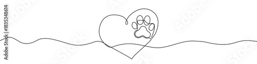 Drawing of an animal paw print inside a heart outline in one line art style. Illustration of animal love with editable stroke. Vector illustration.
