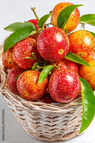 Ripe wampee fruits in basket with green leaves, vertical
