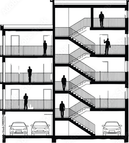 architectural cross section, multi-story building, corridor layout, parking area, staircase design, human scale, residential structure, urban planning, elevation drawing, interior circulation