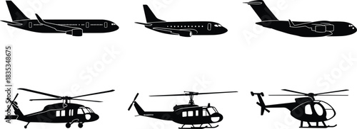 Aircraft silhouette set, airplane and helicopter icons, aviation vector illustration, black aircraft shapes, military and civil aircraft collection