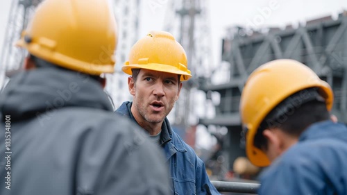 Engineers and construction workers hard hat site discussing project plans, teamwork and planning with helmeted worker coordination, industrial construction site meeting and safety focused discussion