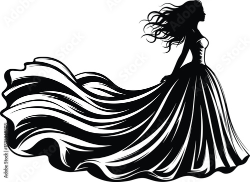 Elegant vector silhouette of a beautiful woman in a flowing, voluminous ball gown with windswept hair, isolated black and white design for fashion, bridal, salon, or beauty luxury branding.