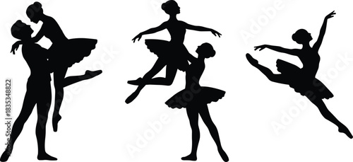 Ballet dancers silhouette, elegant pose, graceful leap, female duet, tutu costume, classical dance, artistic movement, stage performance, expressive ballet art