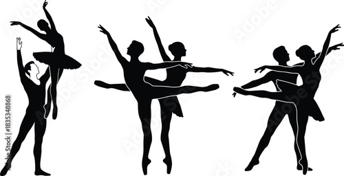 Ballet dancers, silhouette pose, elegant movement, partner lift, dance art, graceful balance, stage performance, classical ballet, teamwork, artistic expression
