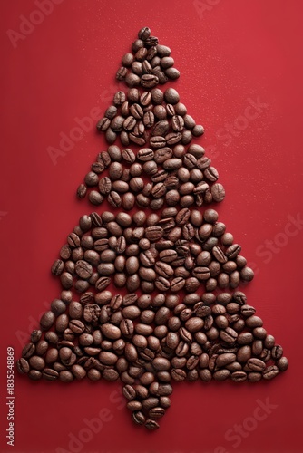 Coffee beans forming christmas tree on red background, vertical