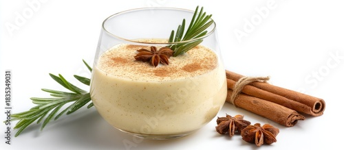 Eggnog drink with cinnamon, star anise, rosemary on white