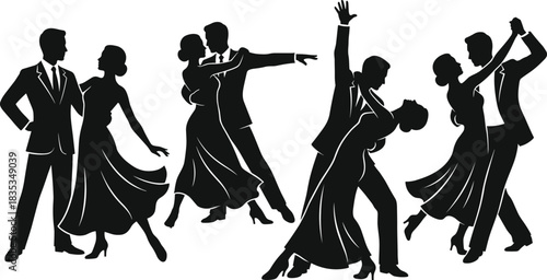 Ballroom dance silhouettes, elegant couples, graceful movement, romantic poses, classic attire, partner dancing, twirls, dips, formal style, artistic expression