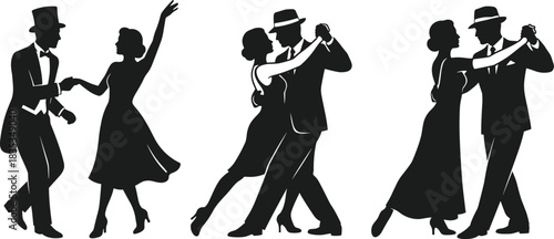 Ballroom dancers silhouette, elegant poses, tango, waltz, foxtrot, formal attire, dance movement, romantic style, vintage fashion, graceful choreography, performance art