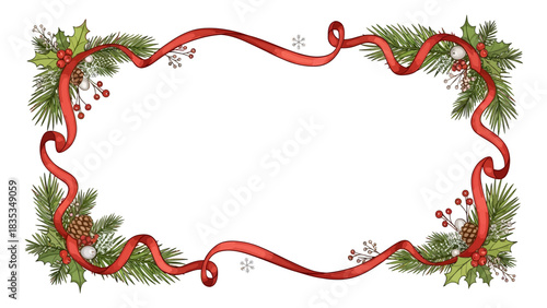Create cheerful holiday greetings with this festive frame featuring ribbons, pine branches, and holly berries for warm Christmas wishes and seasonal joy