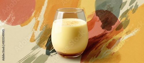Eggnog drink in glass with abstract festive background