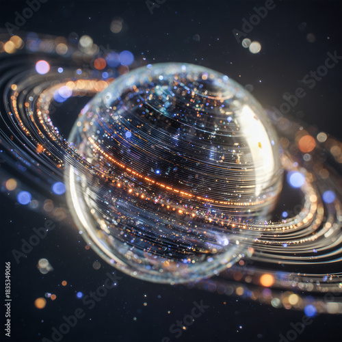 Cinematic Ringed Data Planet 3D Illustration