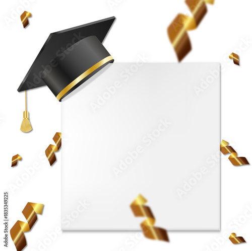 Ceremony hat with white paper bannera and confetti