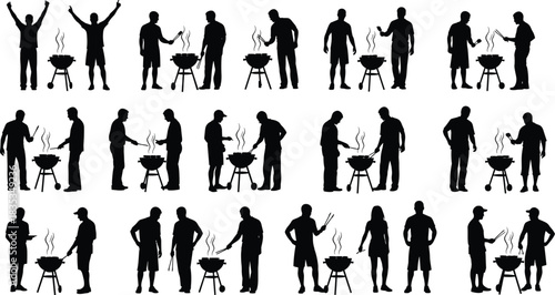 barbecue, grill, cooking, outdoor, summer, silhouette, people, smoke, utensil, food, backyard, party, man, woman, chef, picnic, lifestyle, flame, charcoal, gathering