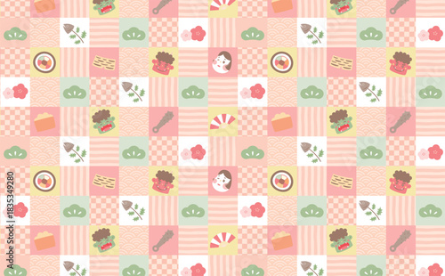 節分をイメージしたピンクの市松模様と幾何学と和柄が融合するシームレスな背景パターン・模様・柄