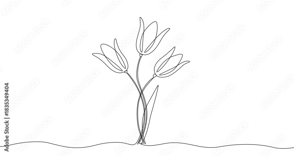 Fototapeta premium Three tulips on stems in continuous one line art style. Flower bouquet sketch with editable black stroke on white background. Vector illustration.