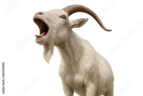 Goat opening mouth wide and making a loud bleating sound on transparent background, animal communicating