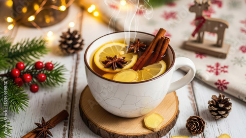 A white mug of hot tea with cinnamon, ginger, anise, and lemon slices on a festive decorated table. Winter holidays cozy and warm scene.