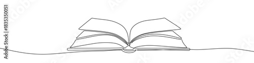 Continuous one line drawing of a wide, open book lying flat. Editable black stroke on a white background. Vector illustration.