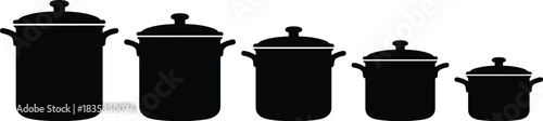 Black cooking pot silhouettes, kitchen utensils, cookware set, size comparison, culinary tools, food preparation, nesting pots, isolated vector illustration