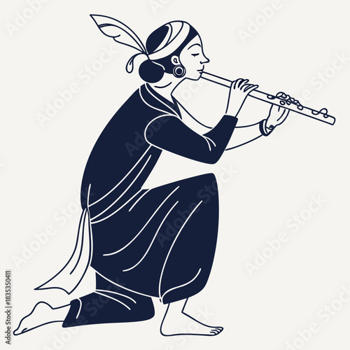 A stylized illustration of a person in traditional clothing kneeling and playing a flute with a feather in their hair evoking a sense of cultural heritage and artistic expression