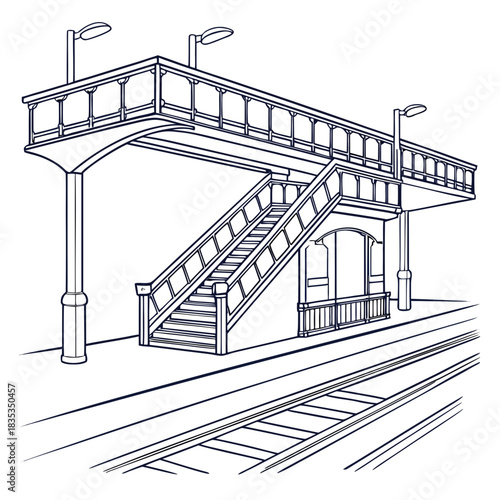 A detailed line drawing of a vintage train station platform with an elevated walkway and stairs leading to it featuring railway tracks in the foreground and streetlights illuminating the scene