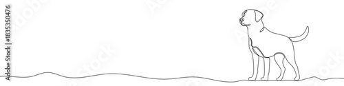 Continuous one line drawing of a dog standing in profile. Editable black stroke on a white background. Vector illustration.
