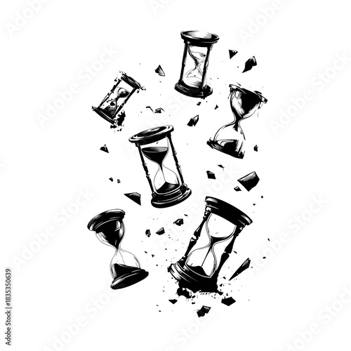 Shattered hourglass icons for time concept, broken clock symbols on transparent background