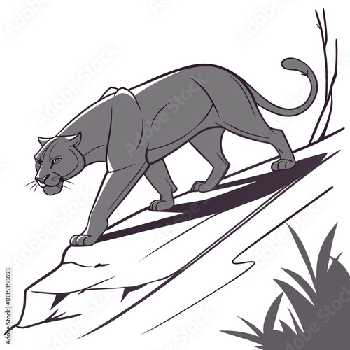 A stylized graphic illustration of a sleek powerful black panther stalking stealthily across a rocky outcrop with sparse vegetation and bare branches in the background
