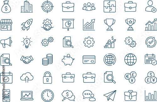 Business icons, finance symbols, productivity tools, data analysis, office elements, minimal design, blue line style, corporate visuals, infographic assets, digital strategy