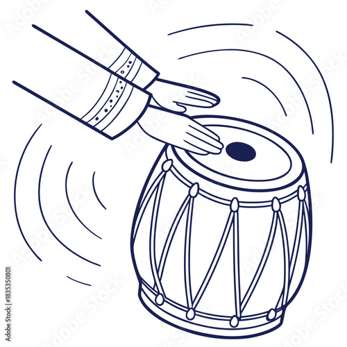 A pair of hands wearing traditional indian clothing plays a tabla drum creating rhythmic sound waves that emanate outwards in a stylized illustration