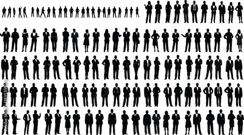 Business silhouettes, corporate people, professional poses, workplace diversity, team communication, leadership gestures, office attire, business icons, standing figures