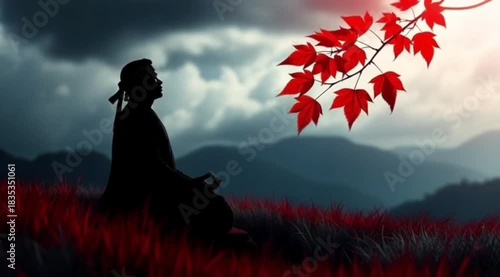 Silhouette of meditating figure seated on red grass under branch with red leaves facing misty mountain landscape forming calm dramatic atmosphere. Fantasy concept