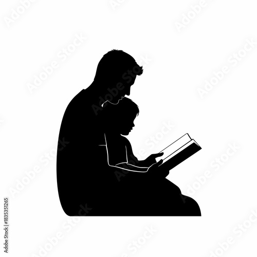 vector silhouette of a father reading a story book to his child, father and son design concept 