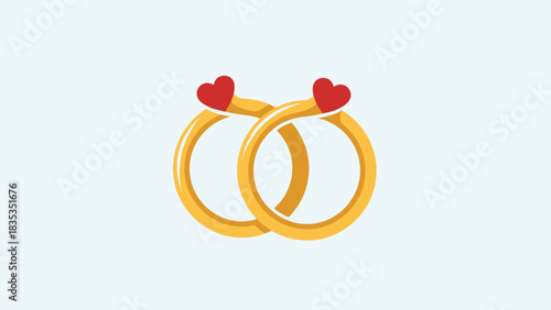 Two golden wedding rings intertwined with red hearts on a light blue background, symbolizing love and commitment.