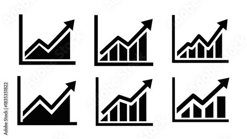 Six black and white icons depicting upward trending bar and line graphs, symbolizing growth and progress.