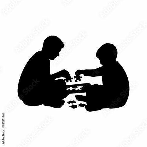 vector silhouette of father playing puzzle with his son,  design concept father and son day