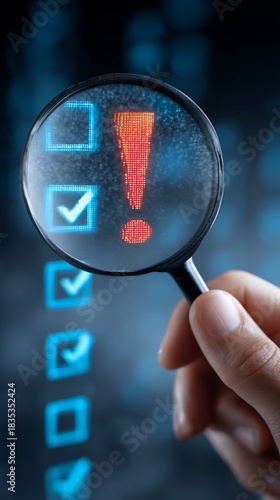 Hand Holds Magnifying Glass Over Checkbox List with Red Exclamation Mark on Blue Background