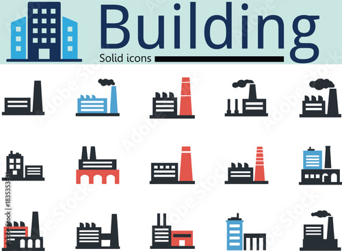 Collection of industrial building icons and factory silhouettes