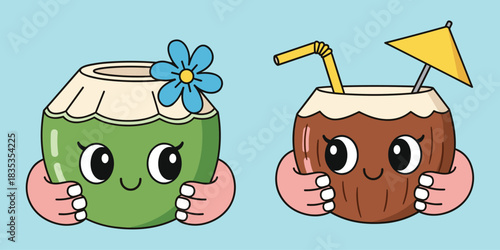 Cartoon coconut characters, tropical fruit mascots, smiling expressive coconuts, summer drink illustration, playful design concept, flat vector illustration
