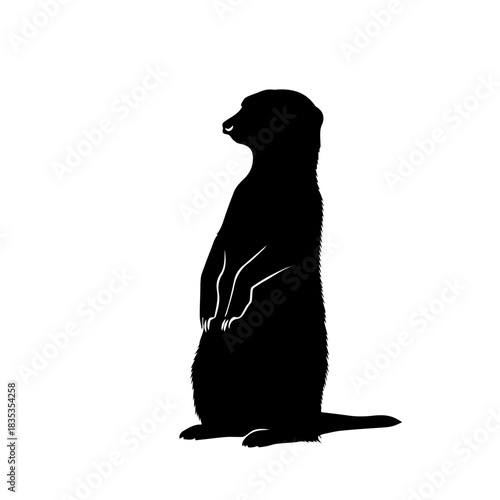 Black silhouette of a meerkat standing upright in profile on a plain white background.