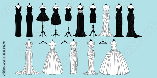 Elegant black and white dresses, fashion design silhouettes, formal gown collection, bridal and evening wear styles, flat vector illustration