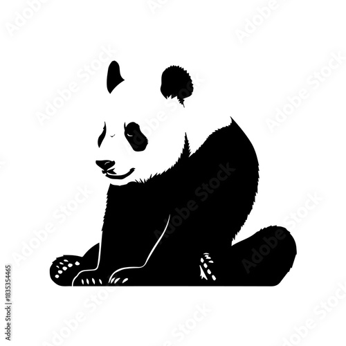 A black and white silhouette illustration of a giant panda sitting peacefully on a white background.